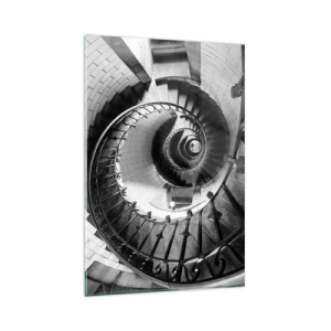 Cuadro sobre vidrio - Impresiones sobre Vidrio - Fotografía en blanco y negro de una escalera de caracol con perspectiva de arriba hacia abajo. - 80x120cm - Cada vez más alto - Decoración de pared moderna para salón y dormitorio ARTTOR