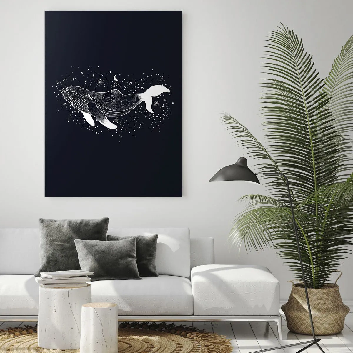 Cuadro sobre vidrio - Impresiones sobre Vidrio - Una ilustración gráfica de una ballena en estilo espacial. - 70x100cm - En el océano del universo - Decoración de pared moderna para salón y dormitorio ARTTOR
