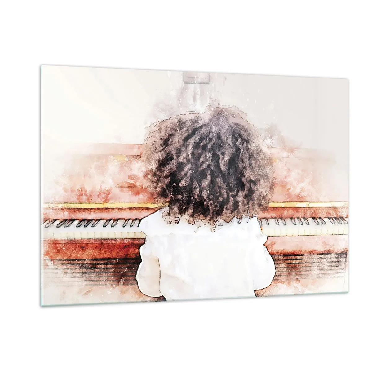 Cuadro sobre vidrio - Impresiones sobre Vidrio - Un niño con pelo rizado tocando el piano. - 120x80cm - Descubriendo un mundo nuevo - Decoración de pared moderna para salón y dormitorio ARTTOR