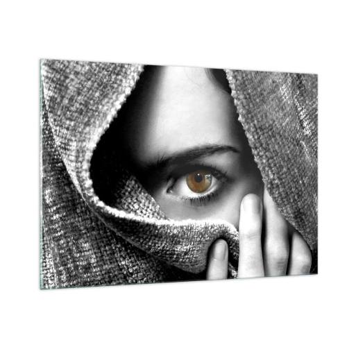 Cuadro sobre vidrio - Impresiones sobre Vidrio - Un ojo oculto tras una textura de tela monocromática. - 100x70cm - Conoce el misterio - Decoración de pared moderna para salón y dormitorio ARTTOR