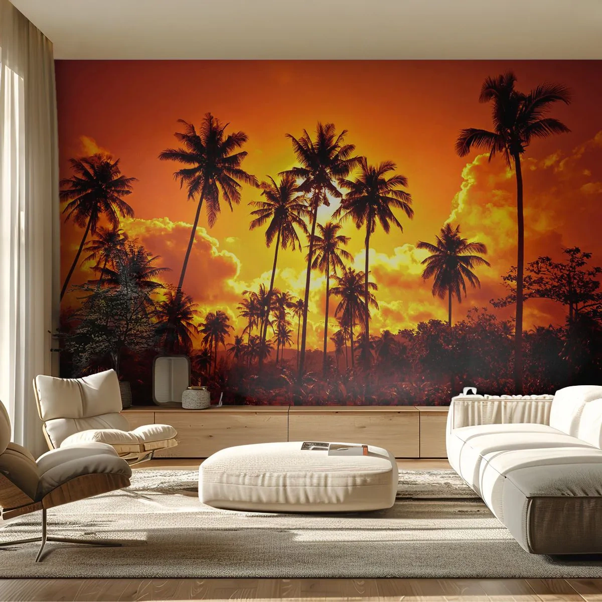 Fotomural Premium Sand - Las montañas arden, los bosques arden - palmeras, Zona tropical, Sol - 300x210 cm