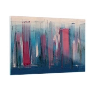 Cuadro sobre vidrio - Impresiones sobre Vidrio - Pinceladas verticales en rojo y azul sobre fondo beige - 120x80cm - Composición vertical en azul y rojo - Decoración de pared moderna para salón y dormitorio ARTTOR