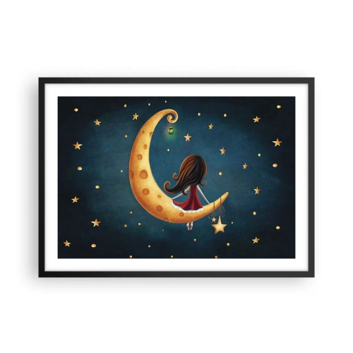 Póster en marco negro - Una niña en la luna rodeada de estrellas. - 70x50cm - Érase una vez... - Decoración de pared moderna para salón y dormitorio ARTTOR