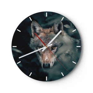 Reloj de pared - Reloj de vidrio - Un lobo con una mirada intensa sobre el fondo de un bosque oscuro. - 30x30cm - Cazador - Decoración de pared moderna para salón, cocina y dormitorio ARTTOR