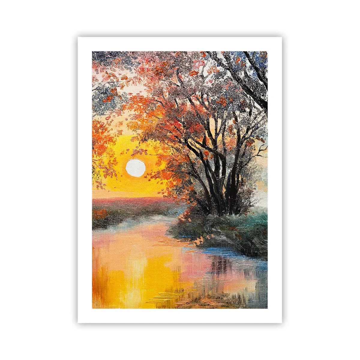 Póster - Puesta de sol sobre un río con árboles - 50x70cm - Ambiente otoñal - Decoración de pared moderna para salón y dormitorio ARTTOR