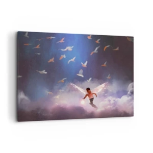 Cuadro sobre lienzo - Impresión de Imagen - Una figura con alas de ángel flotando entre pájaros en el cielo. - 100x70cm - Imaginación y valor - Decoración de pared moderna para salón y dormitorio ARTTOR