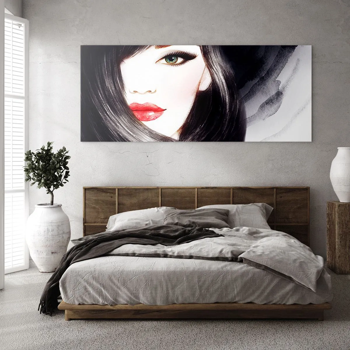 Cuadro sobre vidrio - Impresiones sobre Vidrio - Retrato de una mujer con mirada expresiva y labios rojos. - 120x50cm - Mirada de zafiro - Decoración de pared moderna para salón y dormitorio ARTTOR