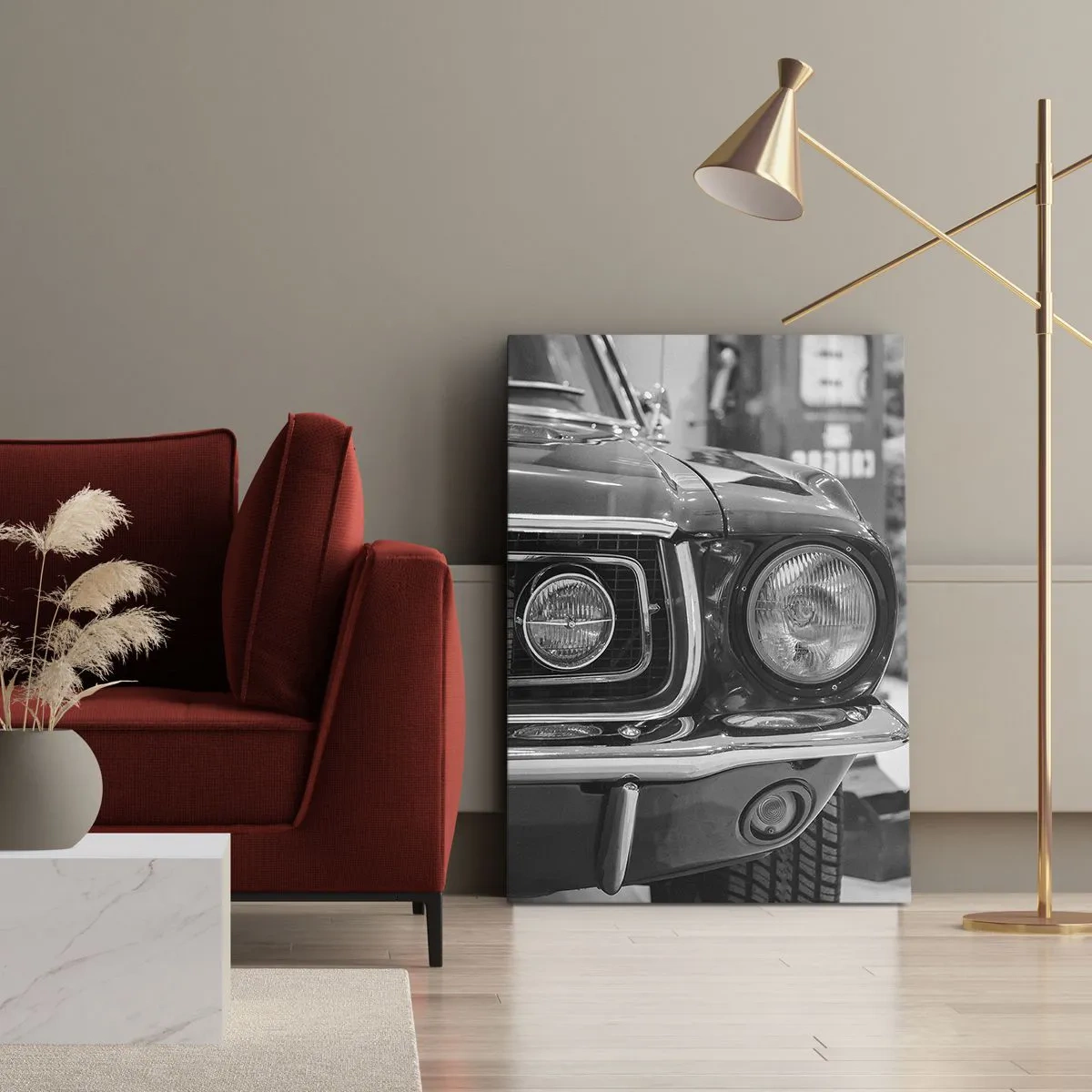 Cuadro sobre lienzo - Impresión de Imagen - Capó de coche clásico en blanco y negro - 80x120cm - Paseo rudo - Decoración de pared moderna para salón y dormitorio ARTTOR