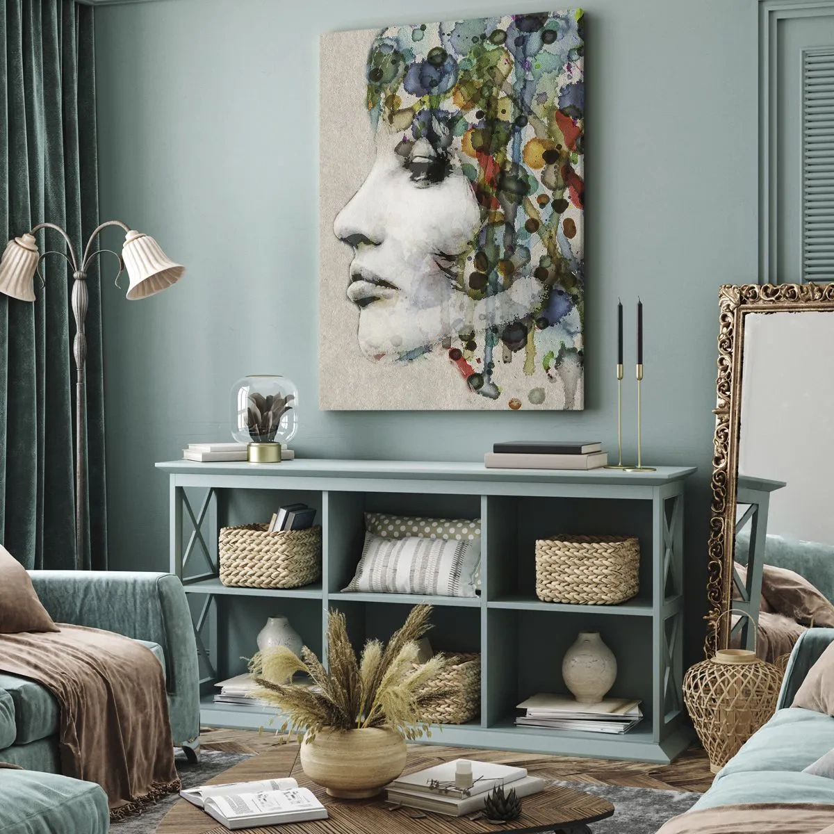 Cuadro sobre lienzo - Impresión de Imagen - Perfil de una mujer en colores de acuarela con un fondo abstracto - 80x120cm - Salió del gris - Decoración de pared moderna para salón y dormitorio ARTTOR