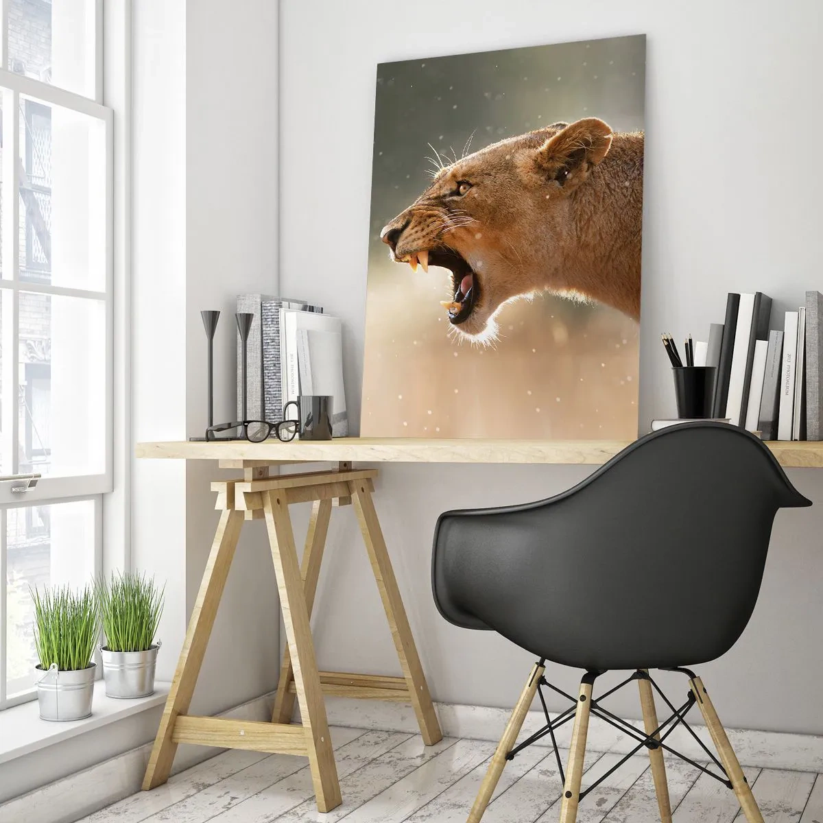 Cuadro sobre vidrio - Impresiones sobre Vidrio - Un primer plano de un león rugiendo bajo los rayos del sol. - 50x70cm - Silencio, es mi turno de palabra - Decoración de pared moderna para salón y dormitorio ARTTOR