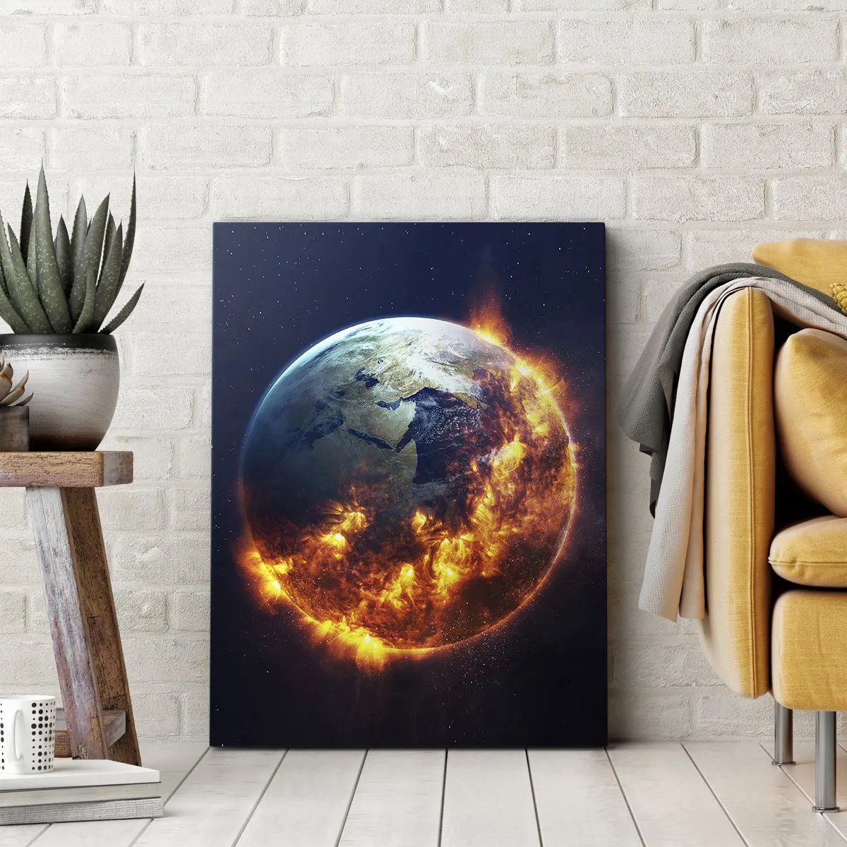 Cuadro sobre lienzo - Impresión de Imagen - El planeta Tierra en llamas en el espacio exterior - 50x70cm - La llama del apocalipsis - Decoración de pared moderna para salón y dormitorio ARTTOR