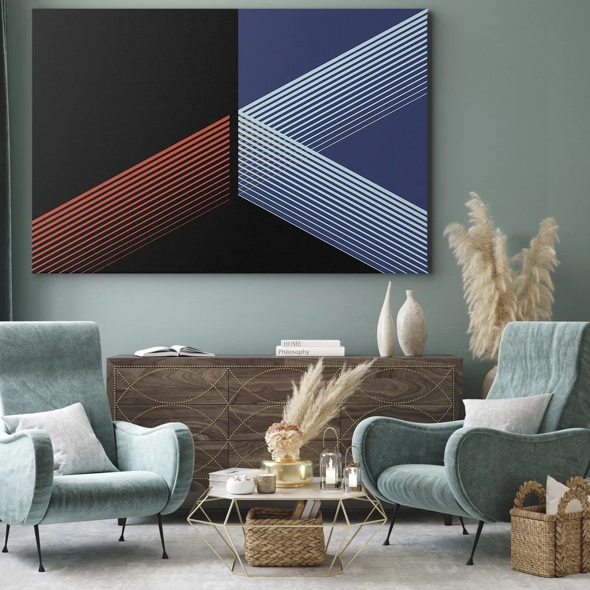 Cuadro sobre lienzo - Impresión de Imagen - Líneas geométricas en tonos rojos y azules. - 120x80cm - La rectitud - Decoración de pared moderna para salón y dormitorio ARTTOR