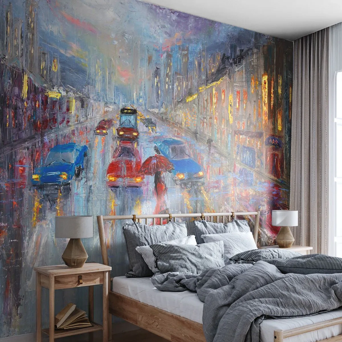 Fotomural Autadhesivo Deluxe Sticker - Una tarde de lluvia en la ciudad - Ciudad, Arquitectura, Caminar en la lluvia - 150x105 cm