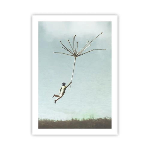 Póster - Una figura flotando en un tallo de diente de león contra el cielo. - 50x70cm - Bailando con la brisa - Decoración de pared moderna para salón y dormitorio ARTTOR
