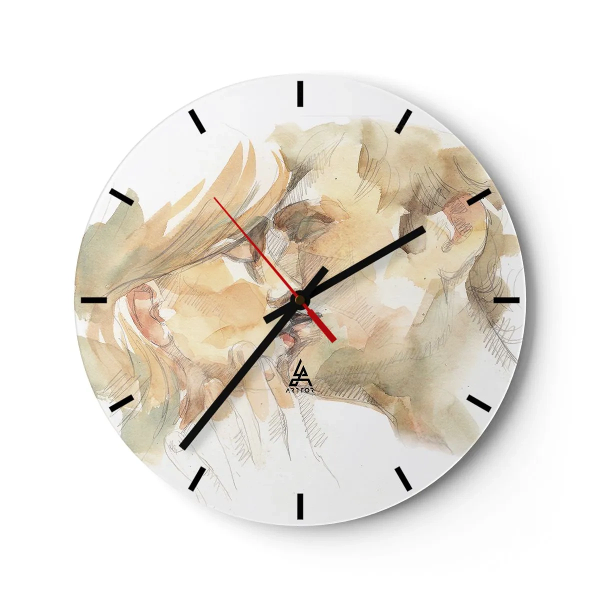 Reloj de pared - Reloj de vidrio - Un retrato en acuarela en tonos pastel de una pareja besándose. - 30x30cm - ¿La media naranja encontrada? - Decoración de pared moderna para salón, cocina y dormitorio ARTTOR