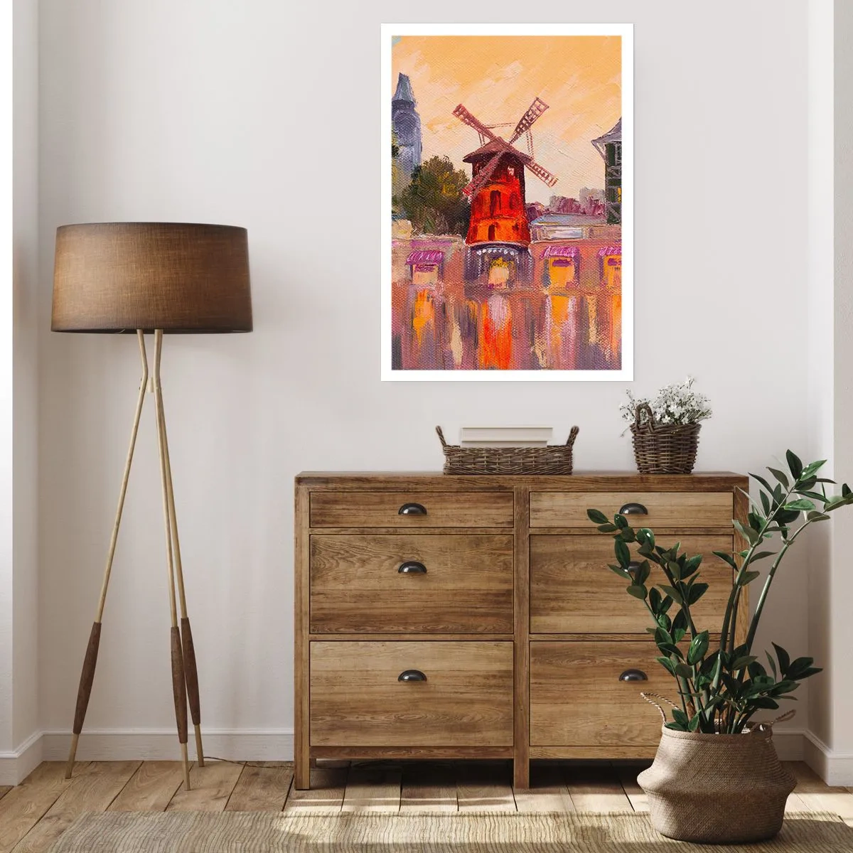 Póster - Una interpretación pictórica del famoso molino de viento con la ciudad como telón de fondo. - 50x70cm - Iconos parisinos - Moulin Rouge - Decoración de pared moderna para salón y dormitorio ARTTOR
