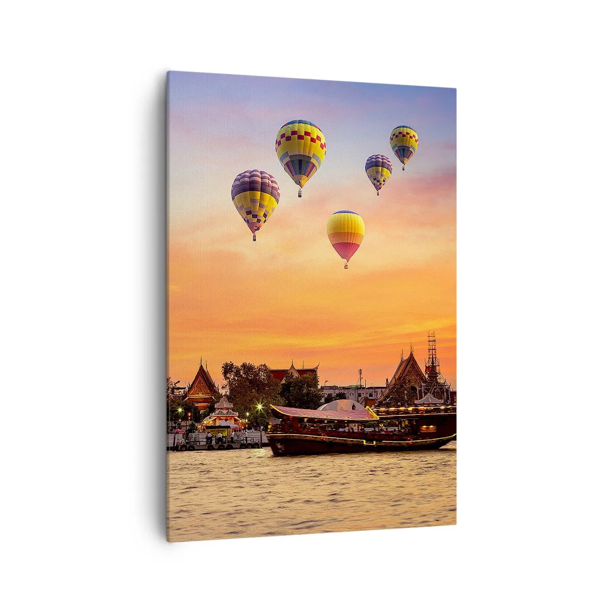 Cuadro sobre lienzo - Impresión de Imagen - Un templo y globos con el sol poniente sobre el río como telón de fondo. - 70x100cm - Aquí es donde nacen los cuentos de hadas - Decoración de pared moderna para salón y dormitorio ARTTOR