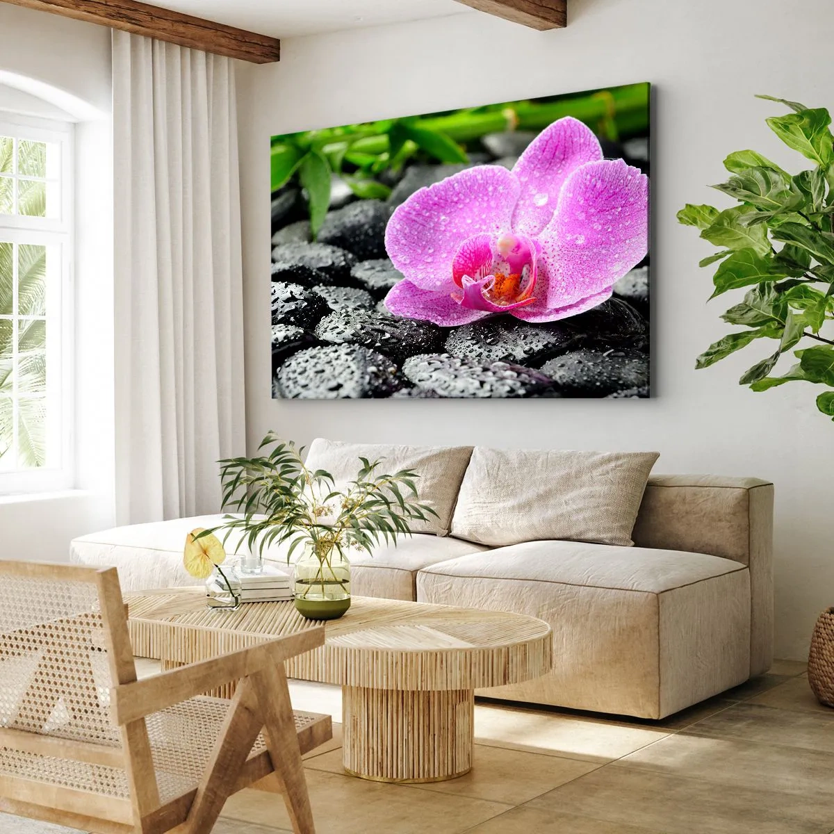 Cuadro sobre lienzo - Impresión de Imagen - Orquídea rosa sobre piedras negras mojadas con hojas verdes - 100x70cm - Como un corazón abierto - Decoración de pared moderna para salón y dormitorio ARTTOR