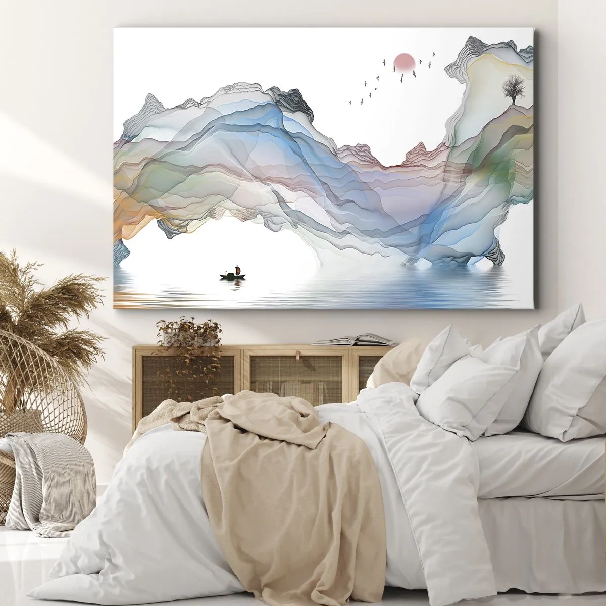 Cuadro sobre lienzo - Impresión de Imagen - Un paisaje sutil con montañas, agua y un barco. - 120x80cm - Hacia las montañas de cristal - Decoración de pared moderna para salón y dormitorio ARTTOR