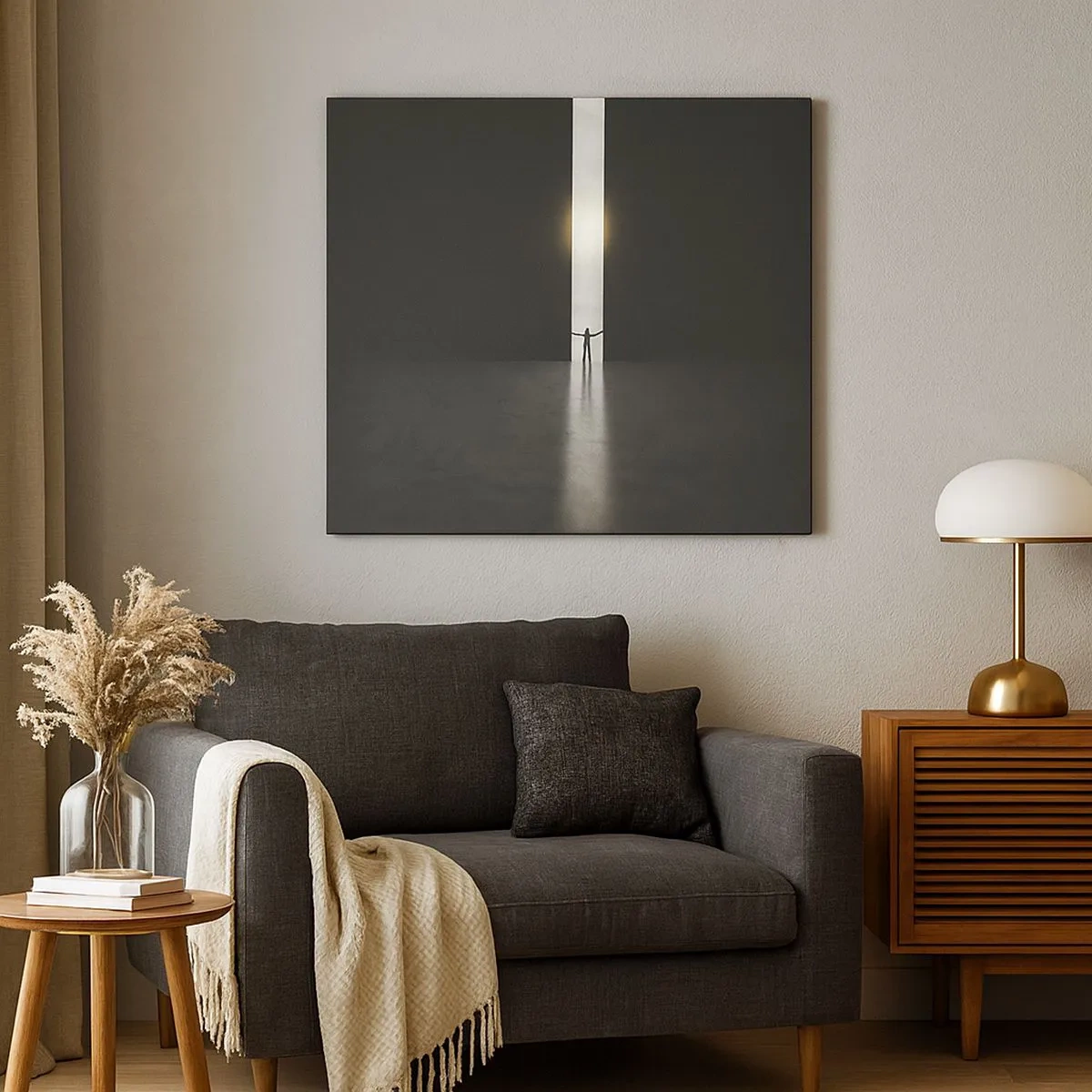 Cuadro sobre lienzo - Impresión de Imagen - Un hombre de pie a la luz de una estrecha rendija en un espacio oscuro. - 70x50cm - Un paso hacia un futuro brillante - Decoración de pared moderna para salón y dormitorio ARTTOR