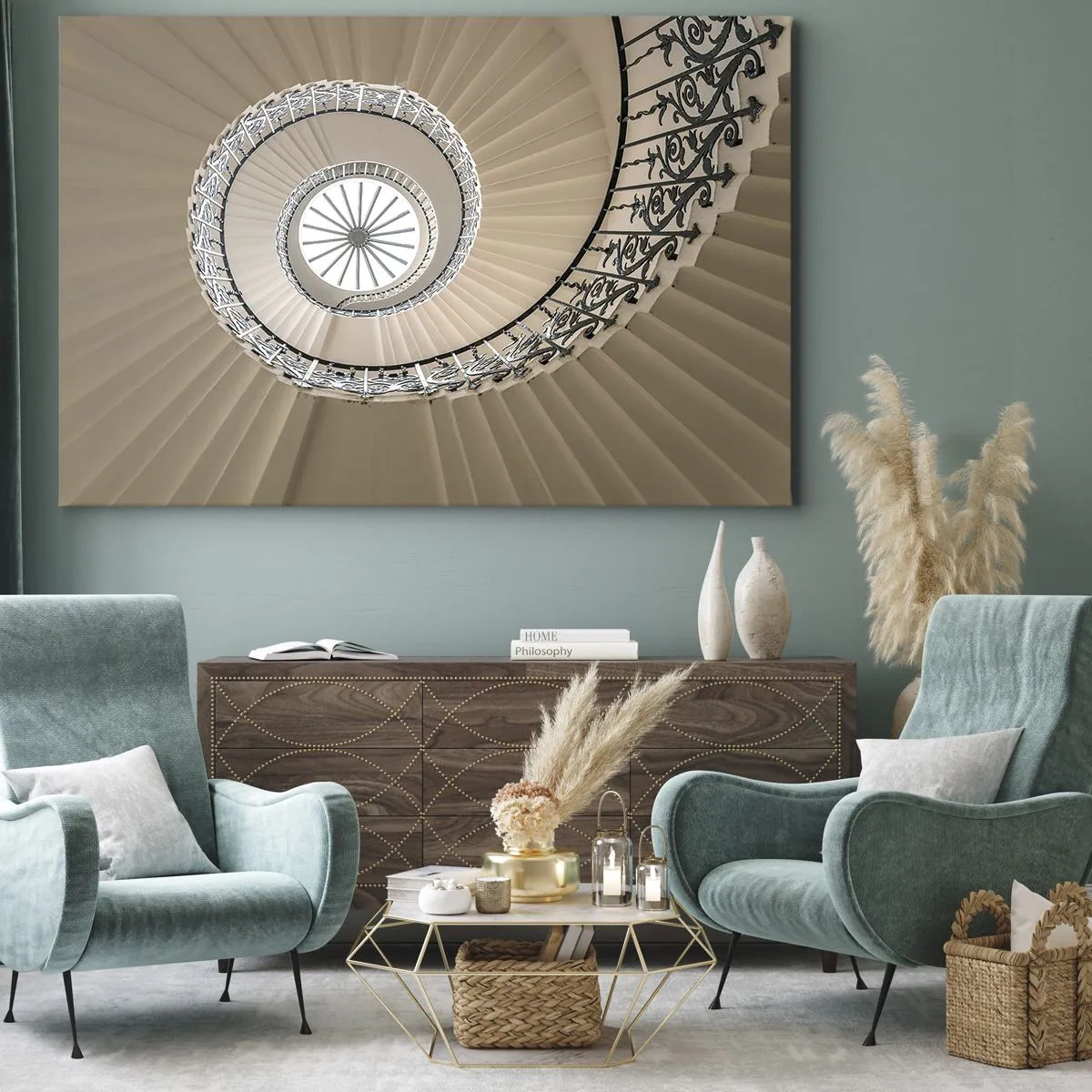 Cuadro sobre lienzo - Impresión de Imagen - Escalera de caracol con un elegante enfoque geométrico. - 120x80cm - En el interior de una concha - Decoración de pared moderna para salón y dormitorio ARTTOR