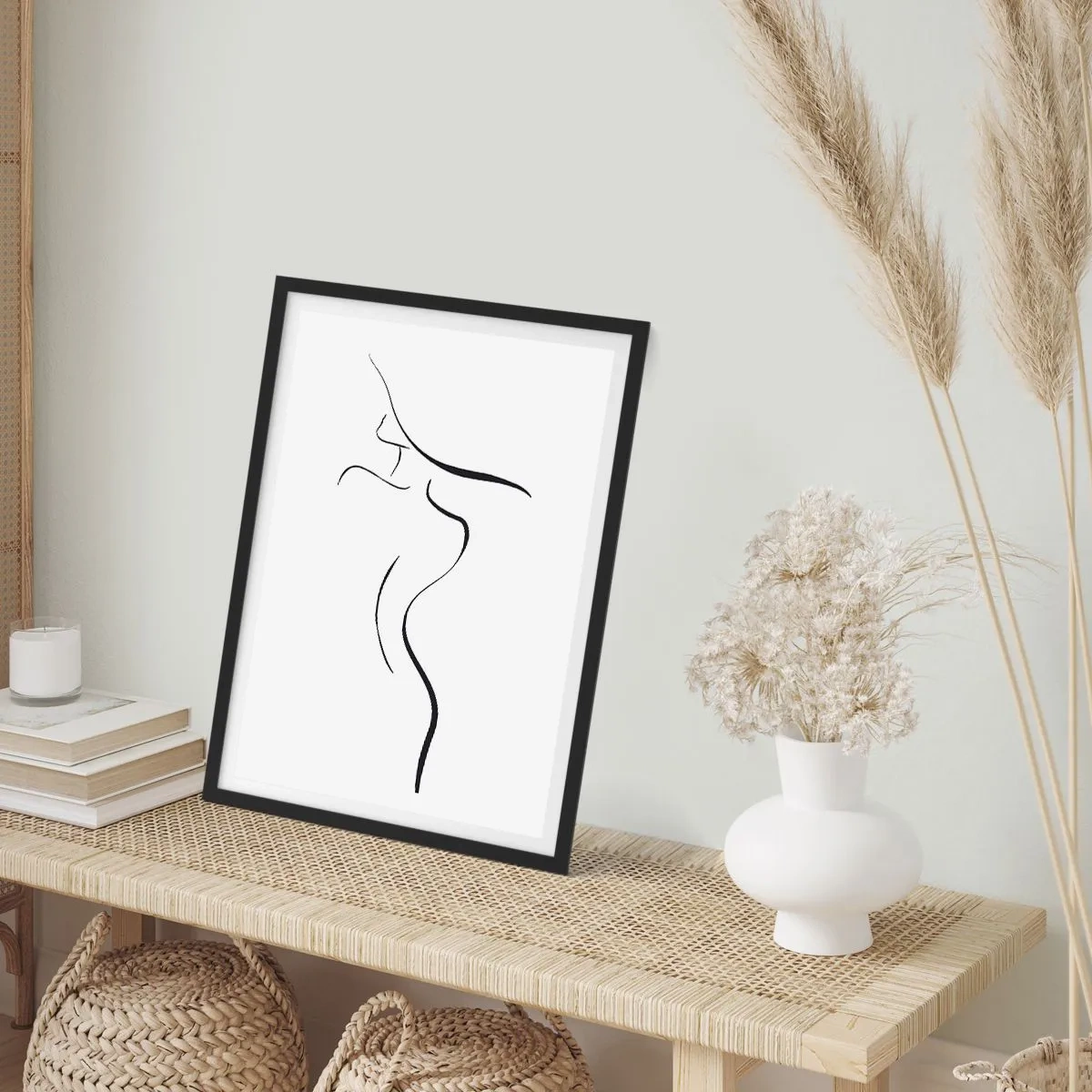 Póster en marco negro - Una silueta minimalista de una mujer dibujada con una línea negra. - 50x70cm - Escurridiza como una ola - Decoración de pared moderna para salón y dormitorio ARTTOR
