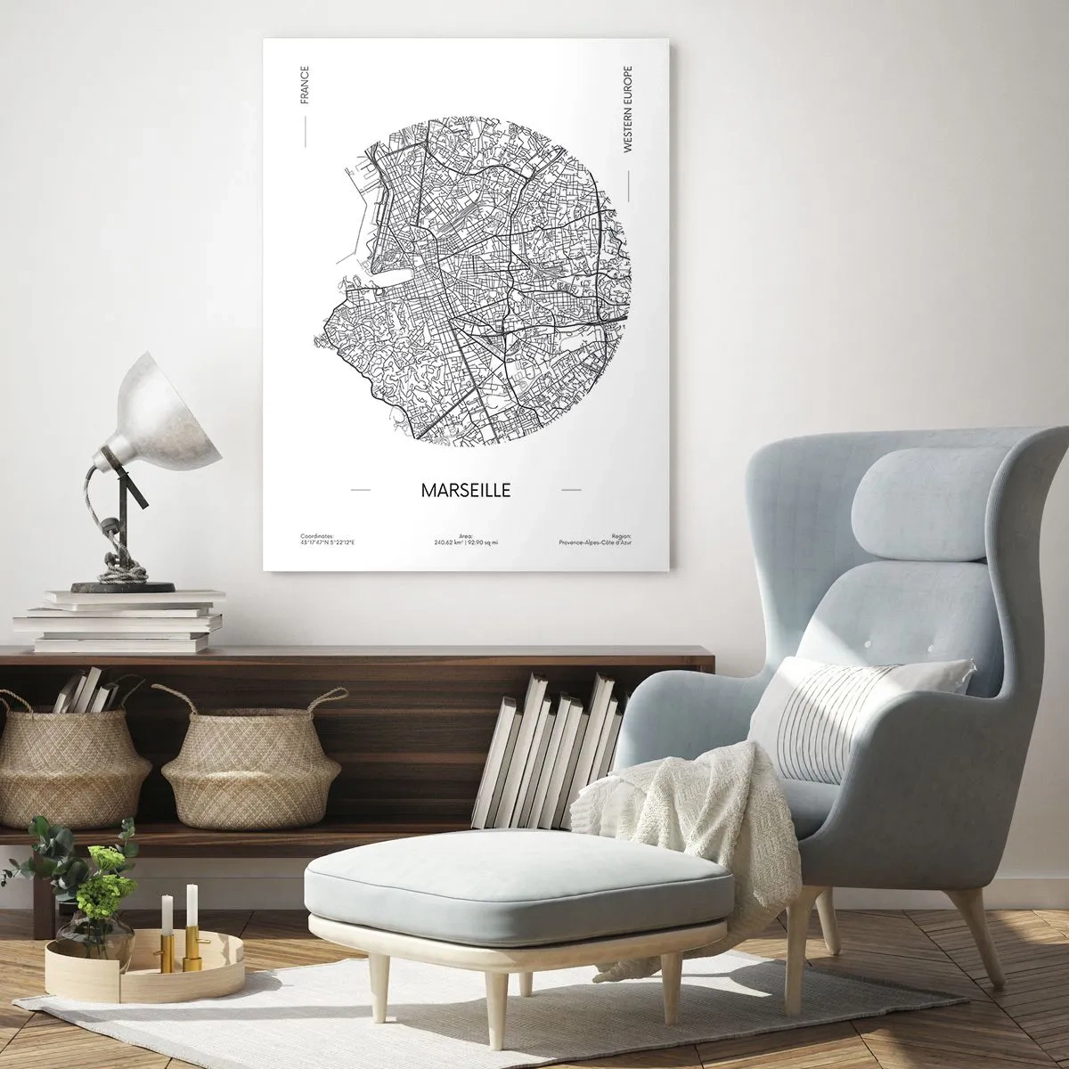 Cuadro sobre vidrio - Impresiones sobre Vidrio - Mapa en blanco y negro de la ciudad de Marsella en estilo moderno - 50x70cm - Anatomía de Marsella - Decoración de pared moderna para salón y dormitorio ARTTOR