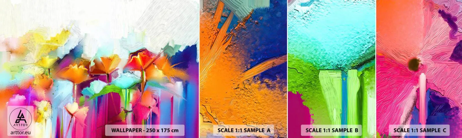 Muestra de fotomural autoadhesivo Deluxe Sticker - Un arco iris ha florecido - Abstracción, flores, Pedazo - 100x30 cm