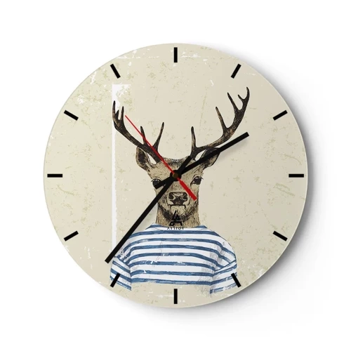 Reloj de pared - Reloj de vidrio - Un ciervo de dibujos animados con ropa a rayas sobre un fondo beige. - 30x30cm - Porque me gustan las camisas de rayas - Decoración de pared moderna para salón, cocina y dormitorio ARTTOR