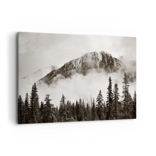 Cuadro sobre lienzo - Impresión de Imagen - Un pintoresco pico de montaña rodeado de niebla y un bosque en tonos sepia. - 120x80cm - Gobernante de granito - Decoración de pared moderna para salón y dormitorio ARTTOR