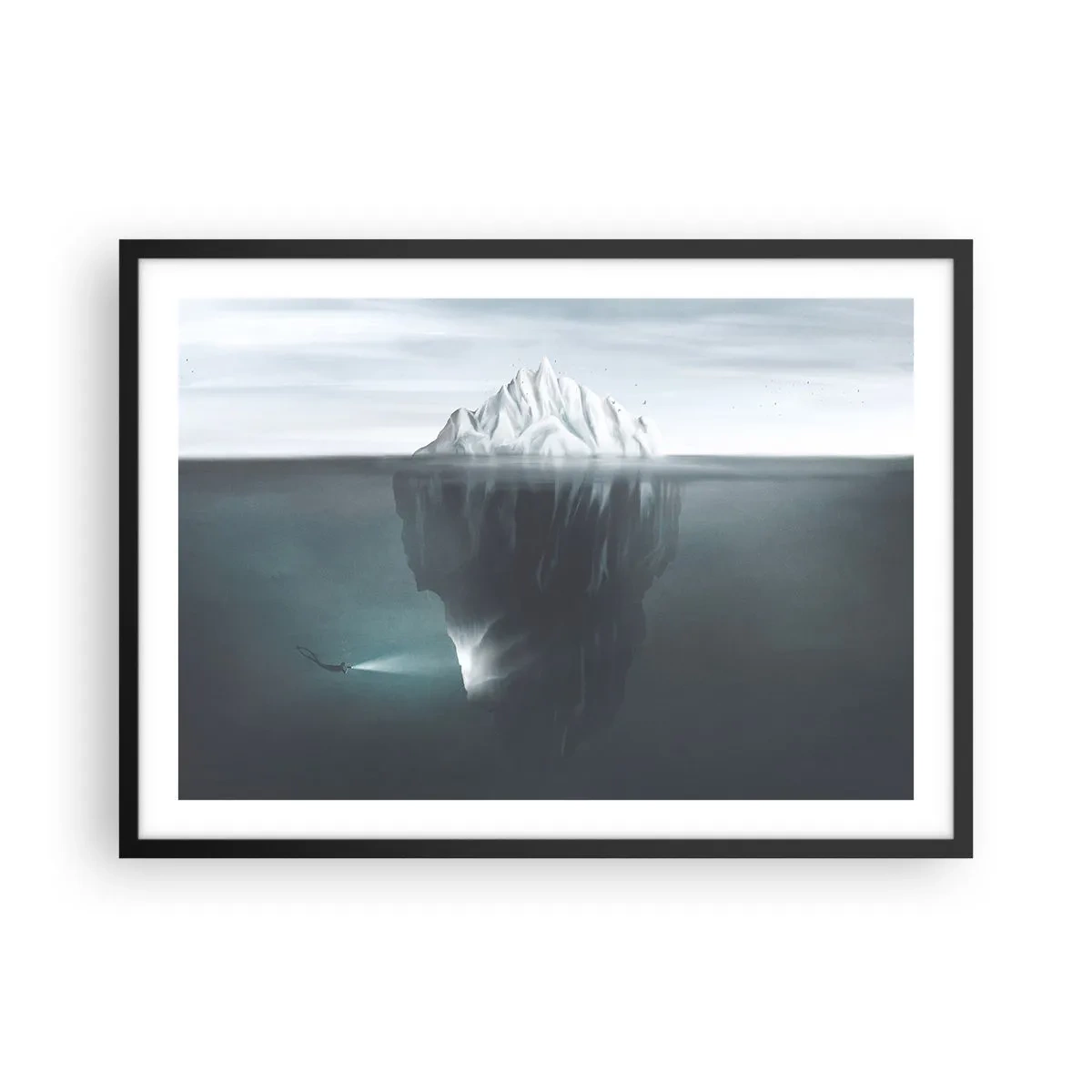 Póster en marco negro - Un iceberg en el agua con un buzo y un reflector debajo de la superficie. - 70x50cm - Misterio submarino - Decoración de pared moderna para salón y dormitorio ARTTOR