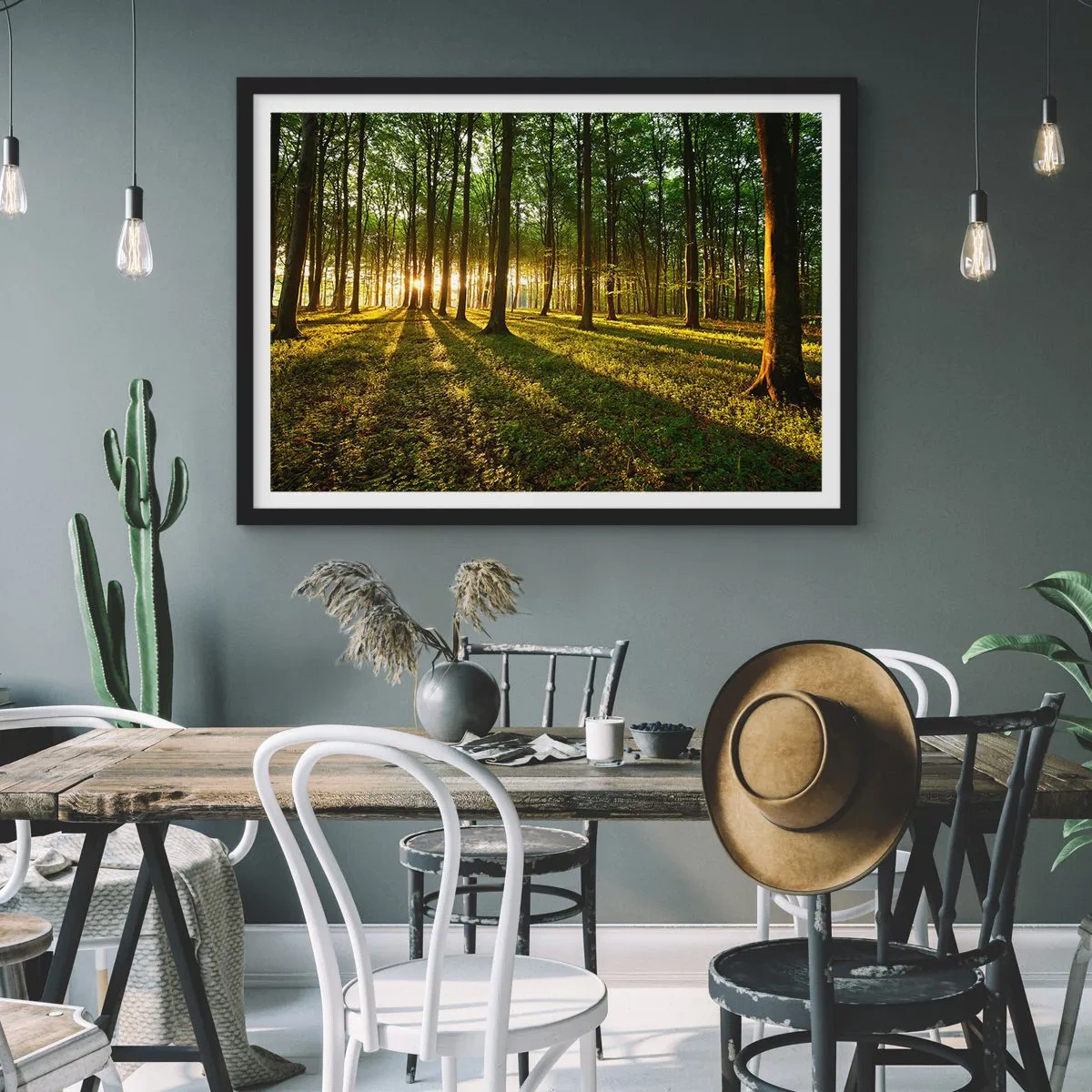 Póster en marco negro - El sol poniente en el bosque caducifolio - 70x50cm - Una fotografía de todos los manantiales - Decoración de pared moderna para salón y dormitorio ARTTOR
