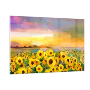 Cuadro sobre vidrio - Impresiones sobre Vidrio - Un campo de girasoles a la luz del sol poniente. - 120x80cm - El propio sol ha bajado a la Tierra - Decoración de pared moderna para salón y dormitorio ARTTOR