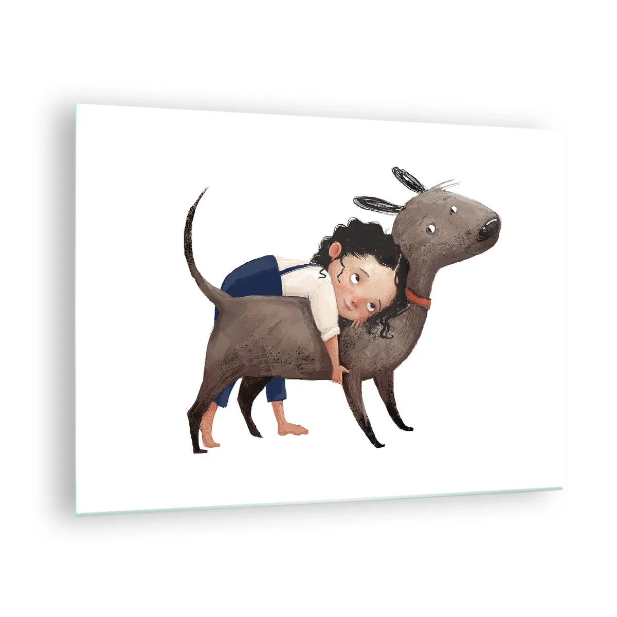 Cuadro sobre vidrio - Impresiones sobre Vidrio - Una niña abrazando a un perro grande sobre un fondo blanco. - 70x50cm - Mejores amigos - Decoración de pared moderna para salón y dormitorio ARTTOR