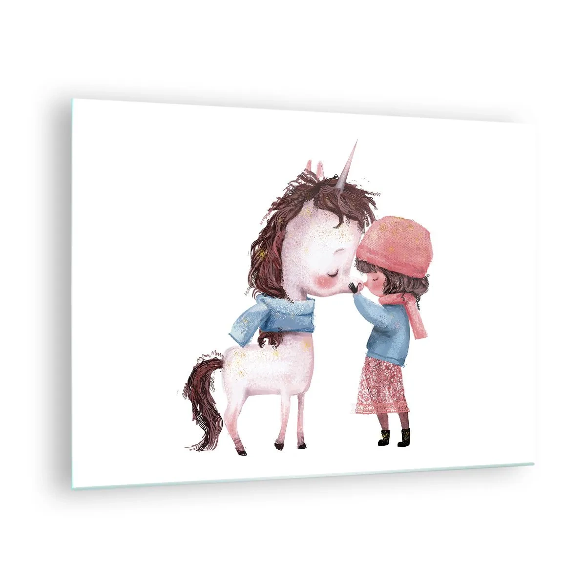 Cuadro sobre vidrio - Impresiones sobre Vidrio - Una niña y un unicornio en un paisaje invernal. - 70x50cm - Un cuento de invierno - Decoración de pared moderna para salón y dormitorio ARTTOR