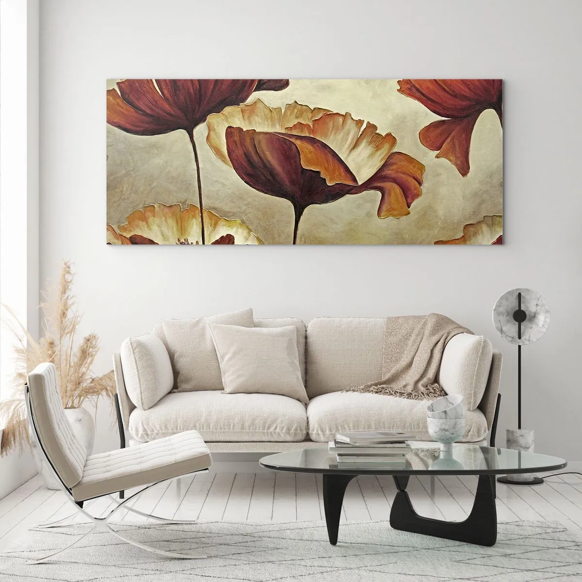 Cuadro sobre vidrio - Impresiones sobre Vidrio - Flores sutiles en tonos rojos y dorados sobre un fondo claro. - 140x50cm - Prado de prados - Decoración de pared moderna para salón y dormitorio ARTTOR