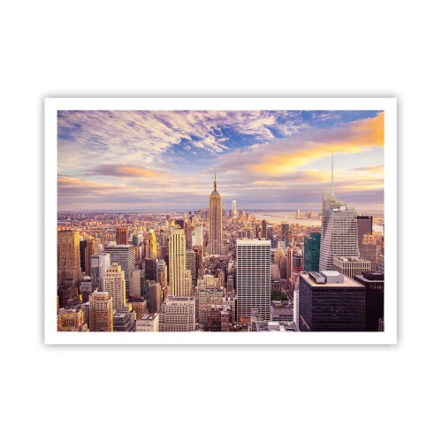 Póster - Panorama de una ciudad moderna con rascacielos al atardecer - 100x70cm - Alcanzar las nubes - Decoración de pared moderna para salón y dormitorio ARTTOR
