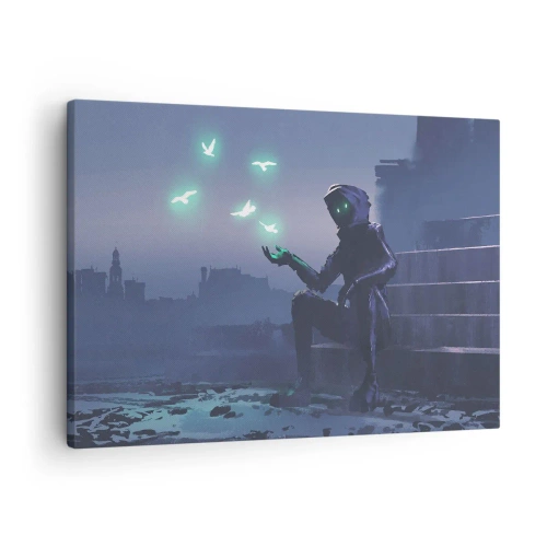 Cuadro sobre lienzo - Impresión de Imagen - Una figura encapuchada con pájaros mágicos en el fondo de una ciudad. - 70x50cm - La vida volverá - Decoración de pared moderna para salón y dormitorio ARTTOR