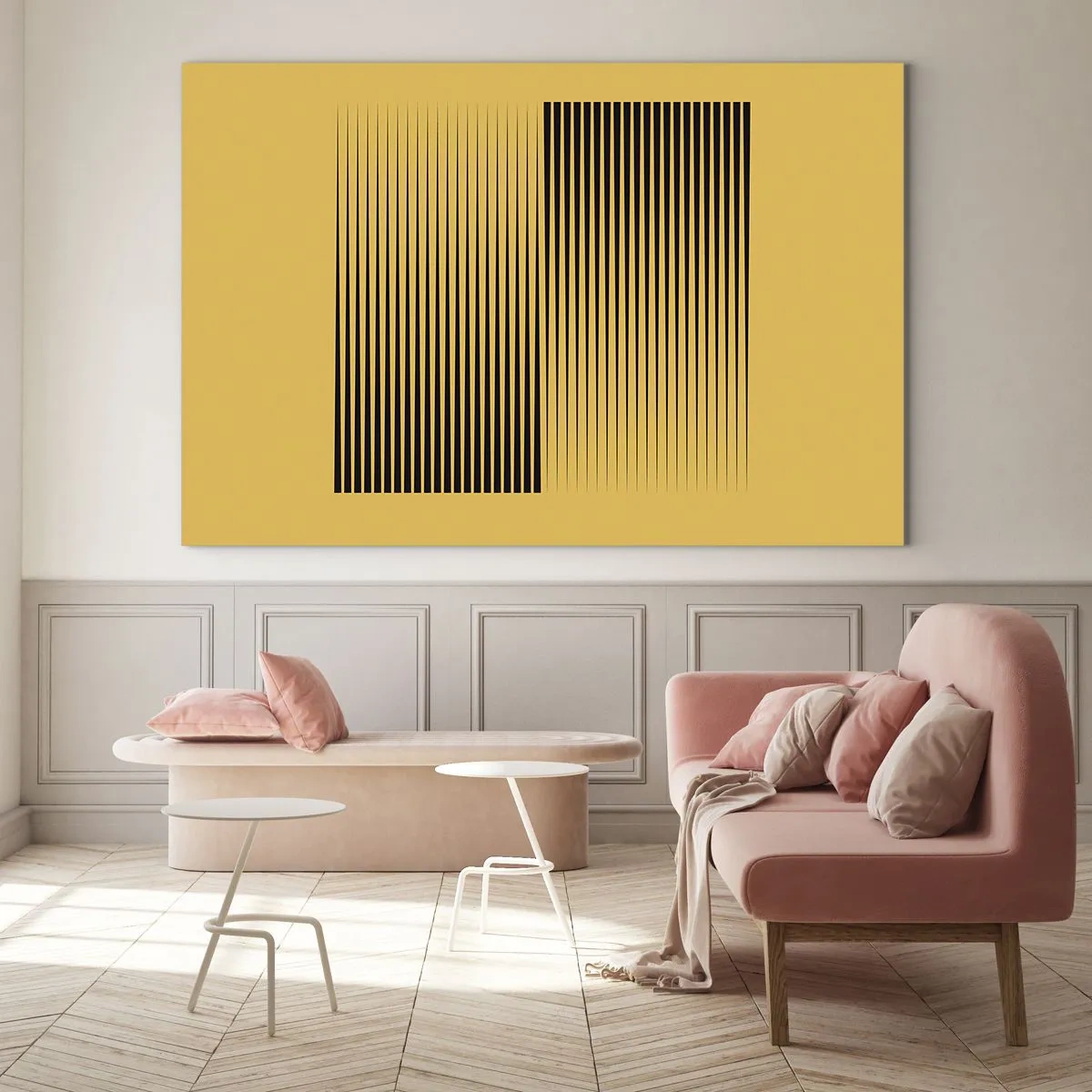 Cuadro sobre vidrio - Impresiones sobre Vidrio - Las líneas verticales negras crean una ilusión geométrica. - 70x50cm - Cuadrado de opuestos - Decoración de pared moderna para salón y dormitorio ARTTOR