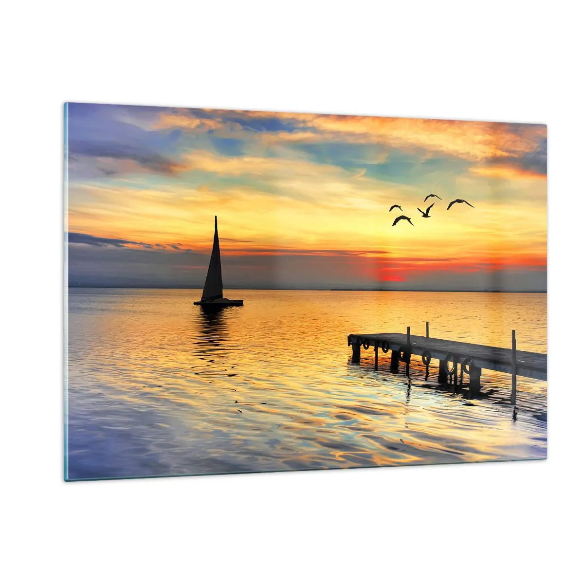 Cuadro sobre vidrio - Impresiones sobre Vidrio - Velero y muelle al atardecer en un lago tranquilo - 120x80cm - Regresos nocturnos - Decoración de pared moderna para salón y dormitorio ARTTOR