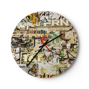 Reloj de pared - Reloj de vidrio - Una composición de muchas capas de carteles e inscripciones antiguas. - 30x30cm - Oh, está sucediendo... - Decoración de pared moderna para salón, cocina y dormitorio ARTTOR