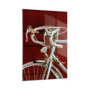 Cuadro sobre vidrio - Impresiones sobre Vidrio - Una vieja bicicleta de carretera de la década de 1970 contra una pared de madera roja. - 50x70cm - Creada para las victorias - Decoración de pared moderna para salón y dormitorio ARTTOR