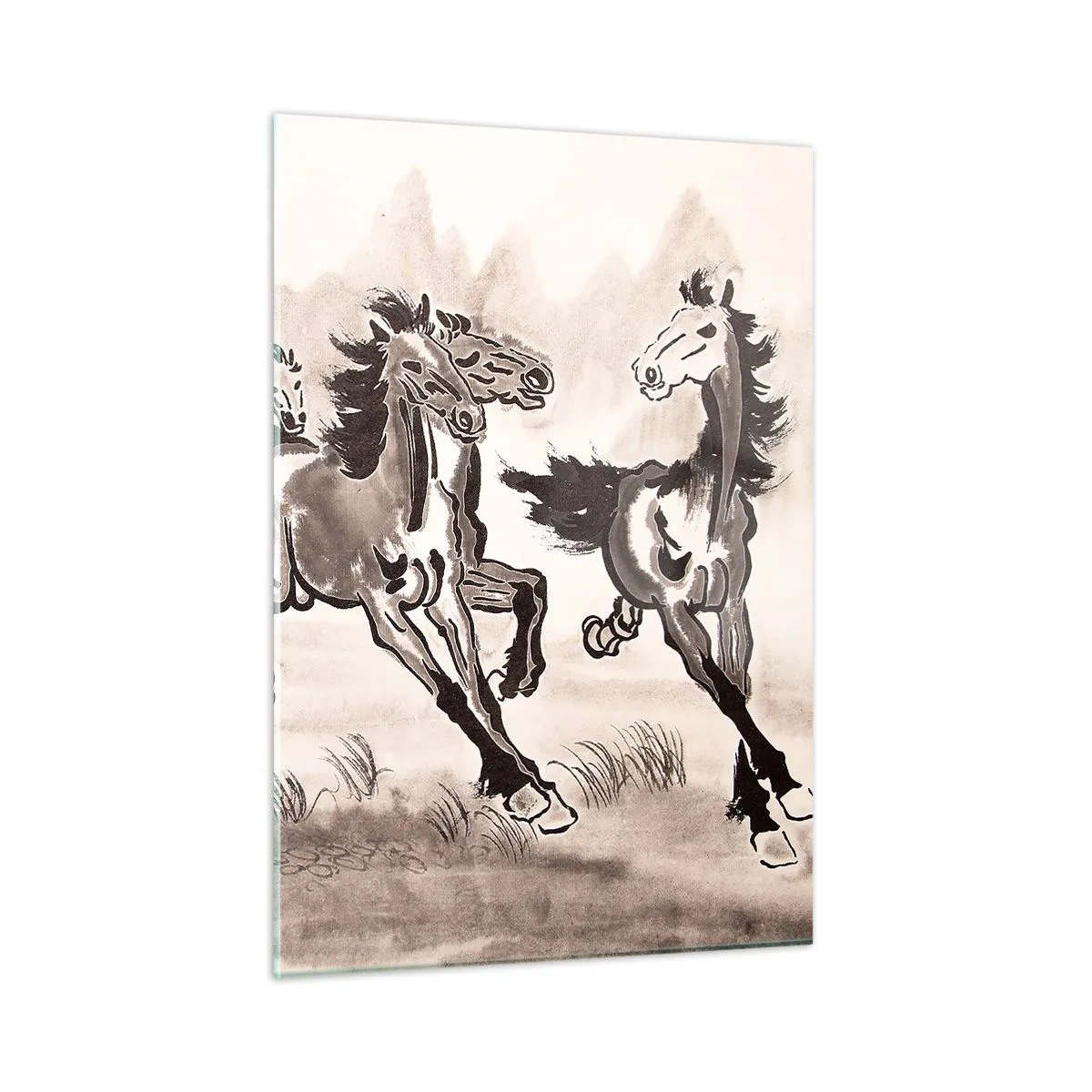 Cuadro sobre vidrio - Impresiones sobre Vidrio - Un grupo de caballos al galope al estilo chino. - 50x70cm - Al galope alegre - Decoración de pared moderna para salón y dormitorio ARTTOR