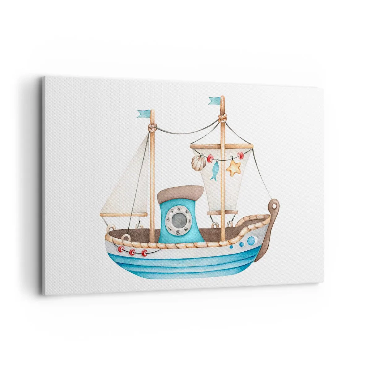 Cuadro sobre lienzo - Impresión de Imagen - Ilustración de un barco en colores pastel sobre un fondo blanco. - 120x80cm - A la aventura - Decoración de pared moderna para salón y dormitorio ARTTOR