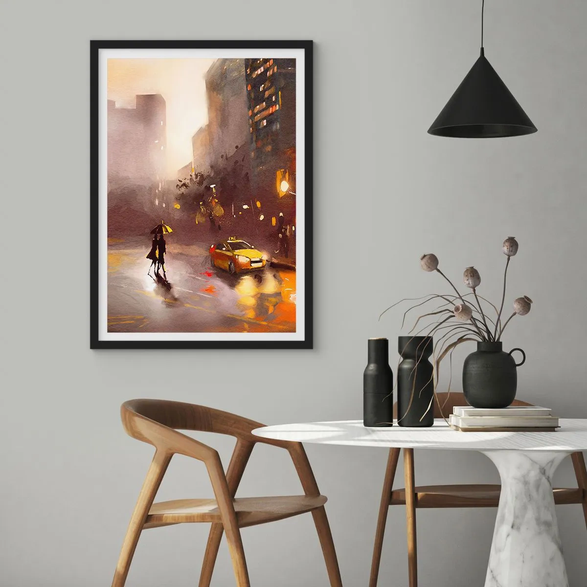 Póster en marco negro - Una pintura de acuarela de una ciudad nocturna a la luz de las linternas. - 50x70cm - En las luces de Nueva York - Decoración de pared moderna para salón y dormitorio ARTTOR