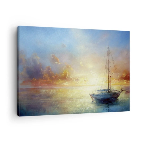 Cuadro sobre lienzo - Impresión de Imagen - Un yate en un mar tranquilo al atardecer. - 70x50cm - En una bahía dorada - Decoración de pared moderna para salón y dormitorio ARTTOR