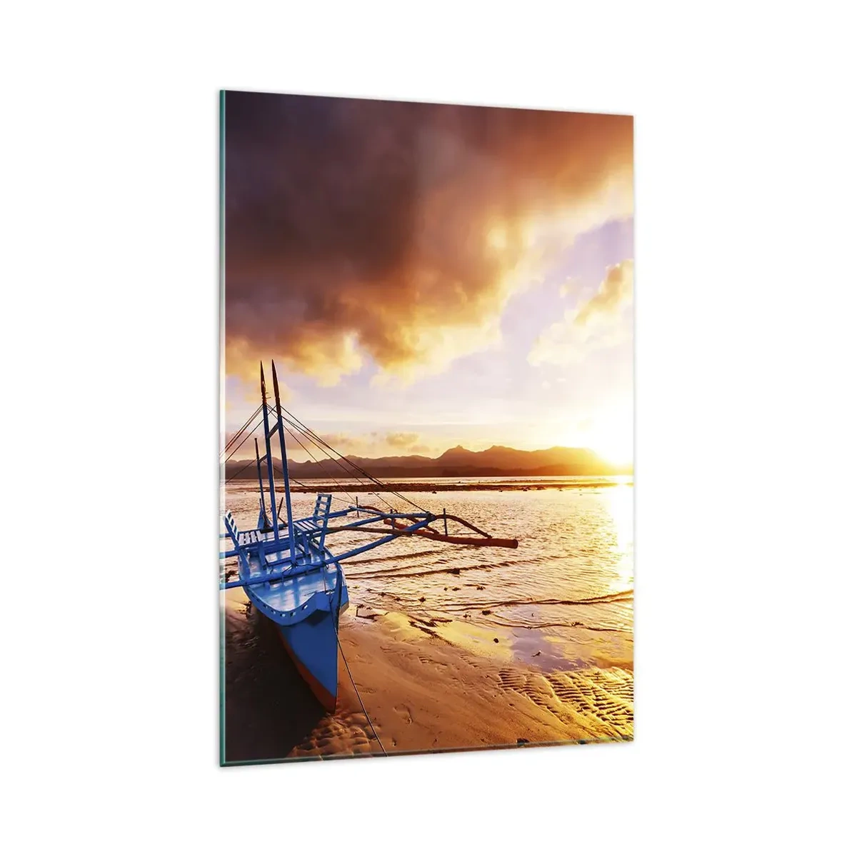 Cuadro sobre vidrio - Impresiones sobre Vidrio - Barco azul en la playa al atardecer - 80x120cm - Después de un largo día, relájate en la arena - Decoración de pared moderna para salón y dormitorio ARTTOR