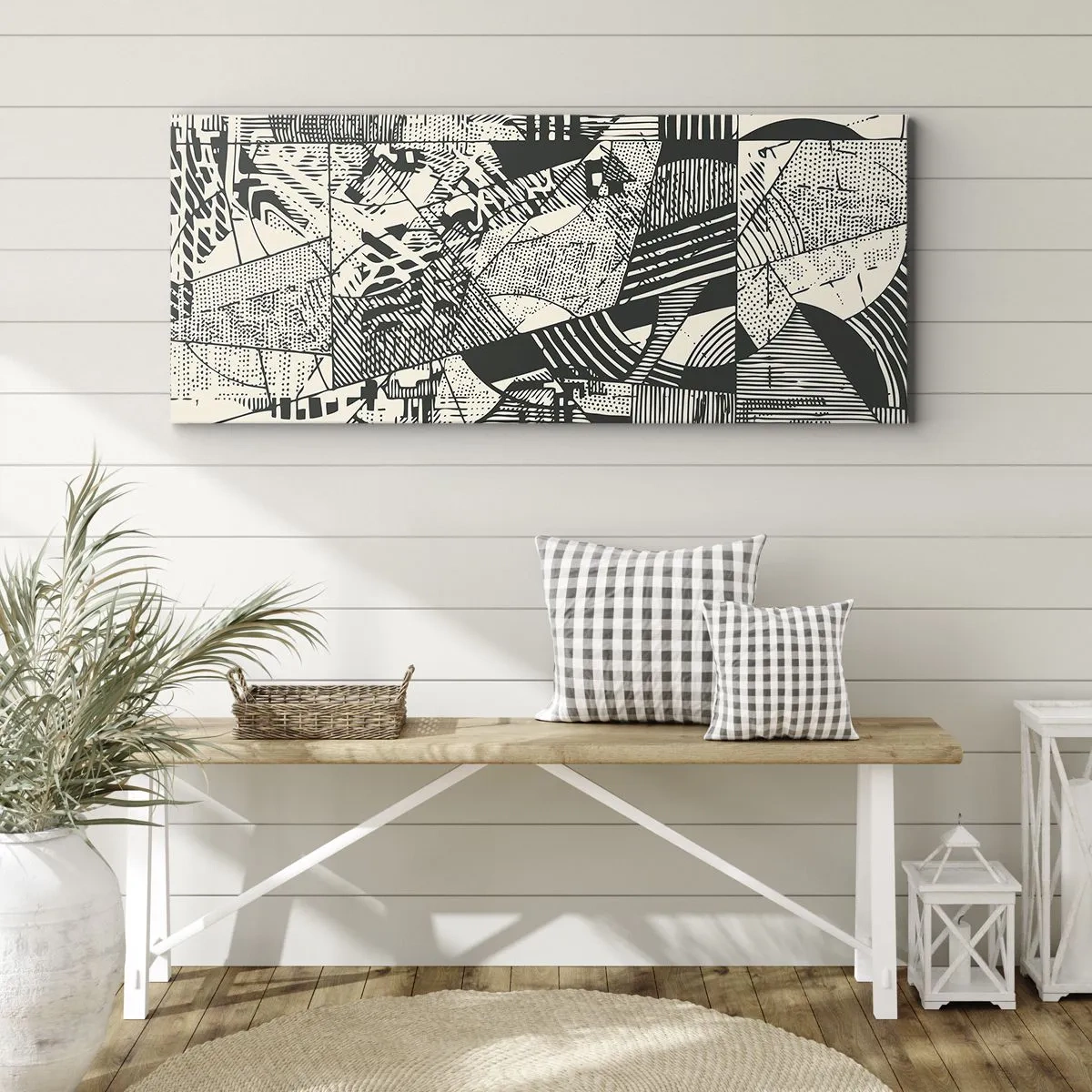 Cuadro sobre lienzo - Impresión de Imagen - Patrones abstractos geométricos en tonos verdes sobre un fondo claro - 120x50cm - La dinámica del presente - Decoración de pared moderna para salón y dormitorio ARTTOR