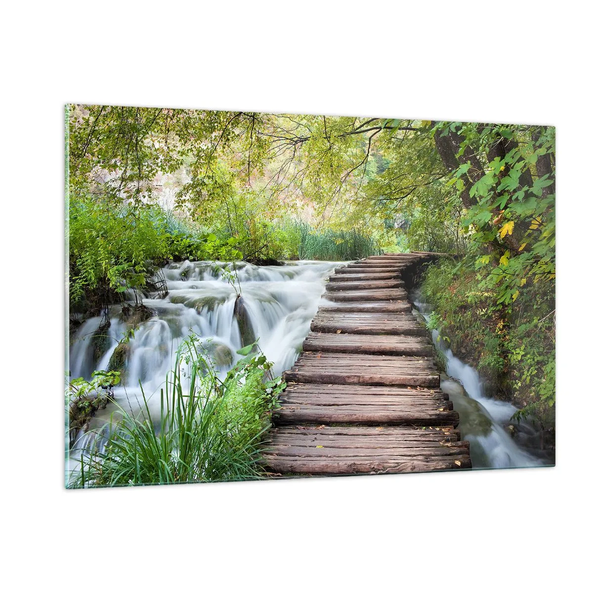 Cuadro sobre vidrio - Impresiones sobre Vidrio - Un puente en el bosque sobre un arroyo. - 120x80cm - No es agua silenciosa en absoluto - Decoración de pared moderna para salón y dormitorio ARTTOR