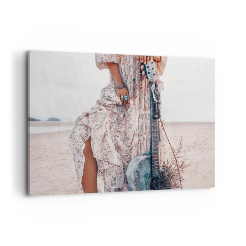 Cuadro sobre lienzo - Impresión de Imagen - Mujer de estilo boho con guitarra en la playa - 120x80cm - Una flor en el camino - Decoración de pared moderna para salón y dormitorio ARTTOR